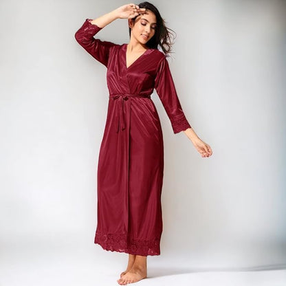 Women's Satin  silky stylish Nighty with robe